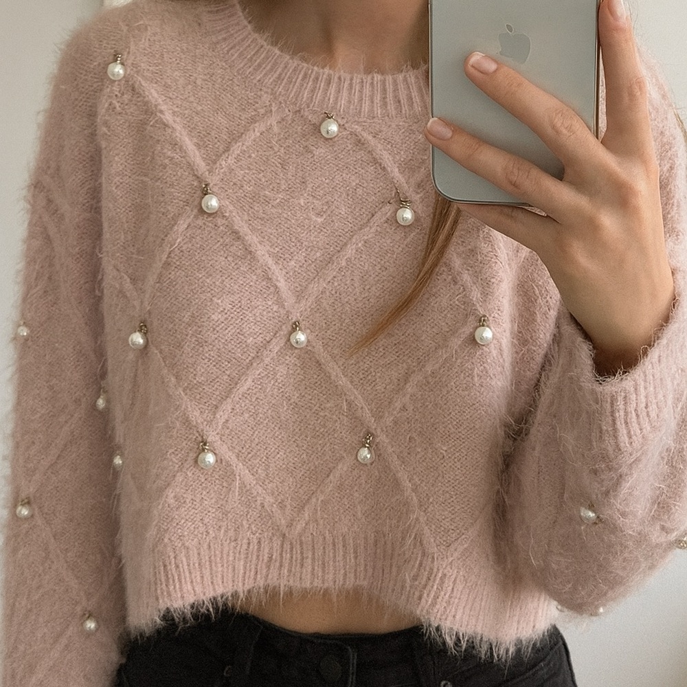 SHEIN Pink Pearl-Studded Sweater